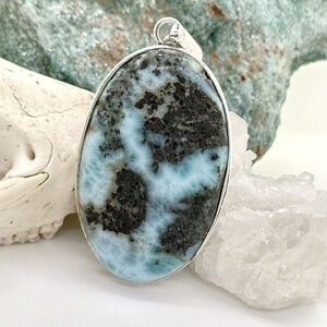 HUGE Larimar 925 Silver Plated Gemstone Pendant Necklace
